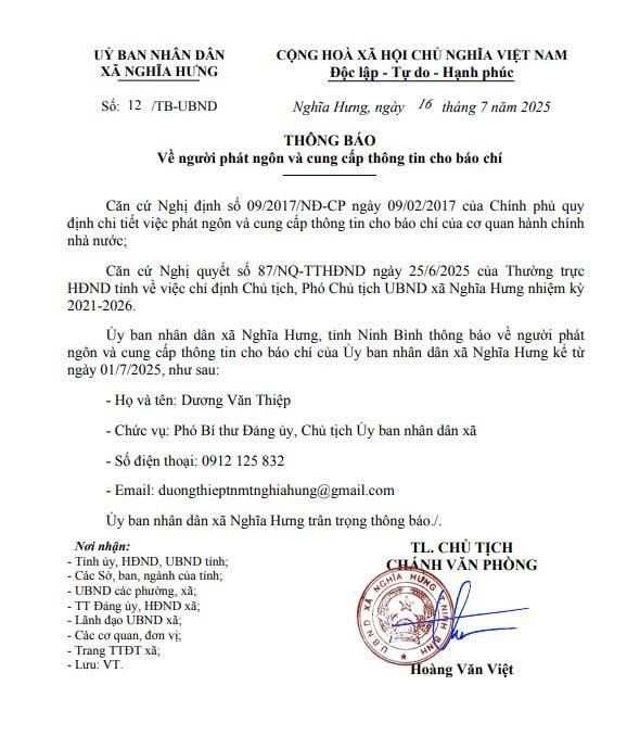 Thông báo về người phát ngôn và cung cấp thông tin cho báo chí